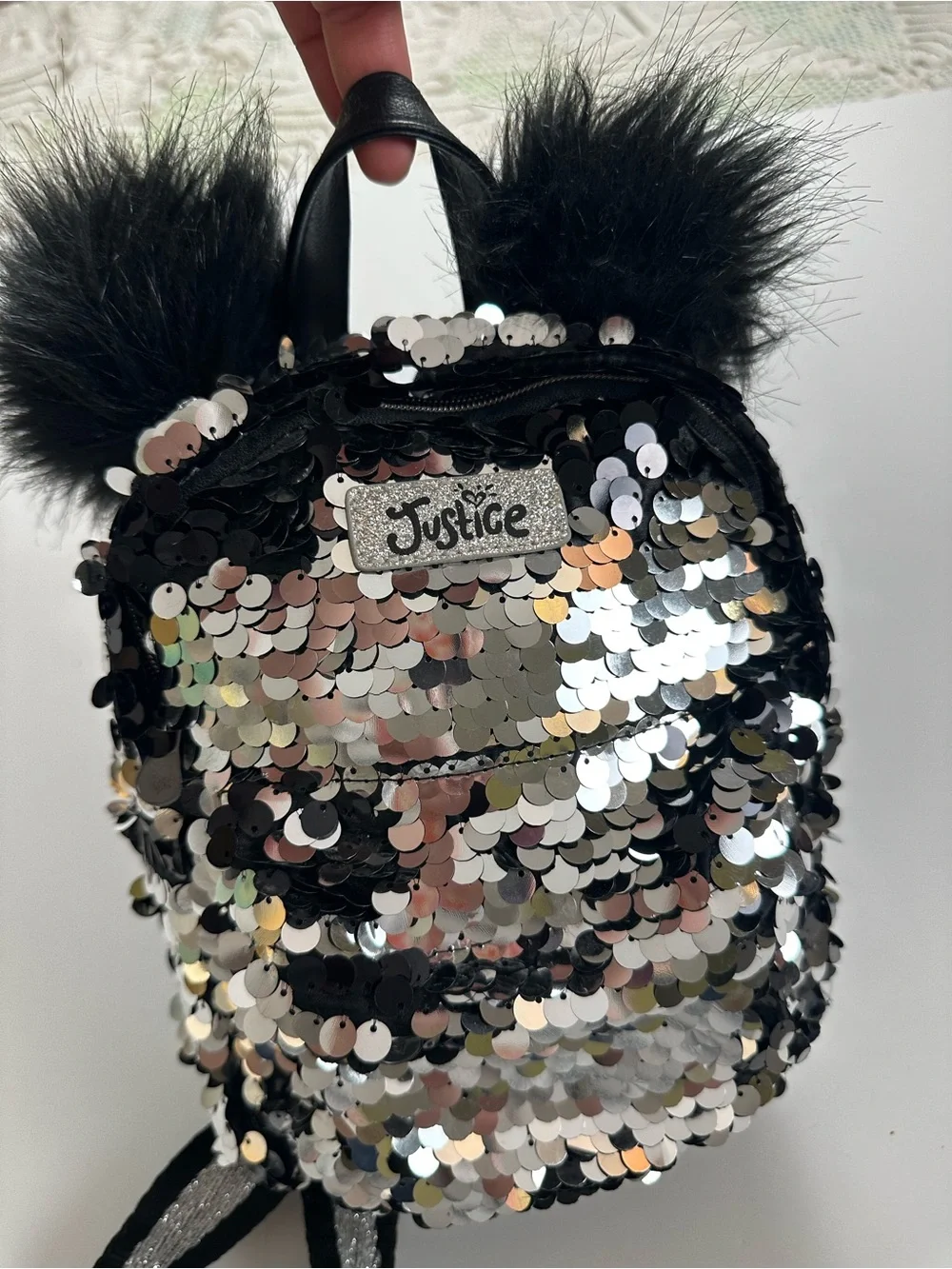Justice Black & Silver Sequin Mini Backpack with Fur Ears